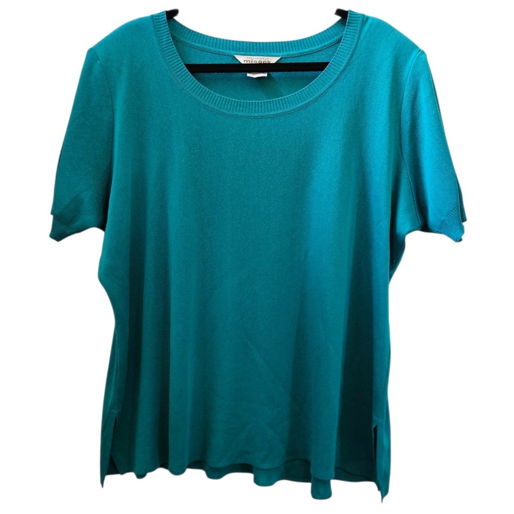 Exclusively Misook Top Women 2X Teal Aqua Round Neck Acrylic Knit Office Minimal